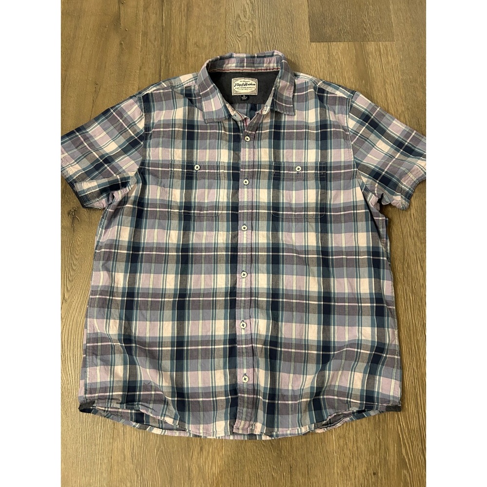 Flag & Anthem Mens XL Short Sleeve Button Down Shirt Plaid Blue Purple Casual